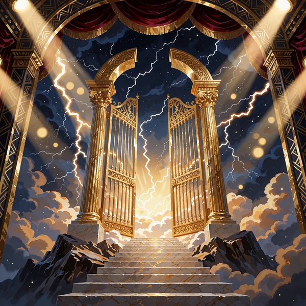 &Aring;bne gyldne tempelporte p&aring; en bjergtop under lynende himmel - coverbillede til slotten Gates of Olympus