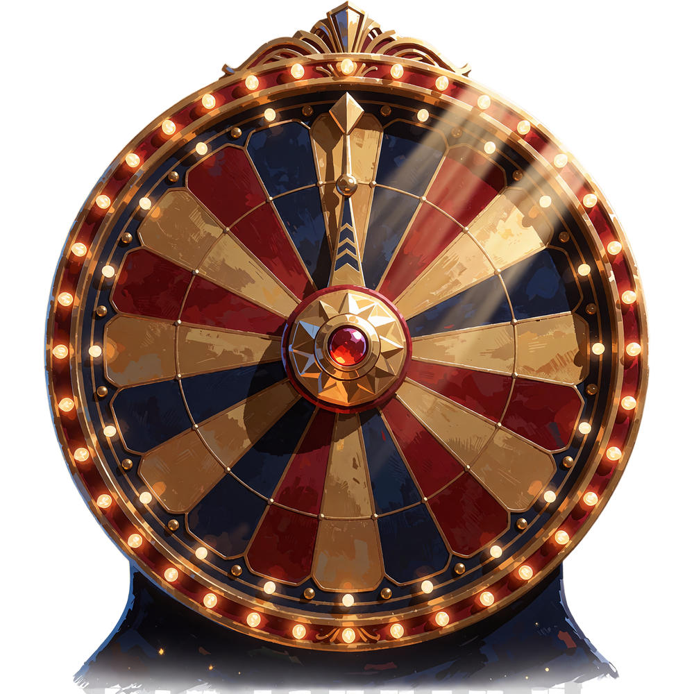 Gyldent lykkehjul med r&oslash;de og bl&aring; felter og en r&oslash;d &aelig;delsten i midten - Wheel of Fortune hos Goldbet Casino