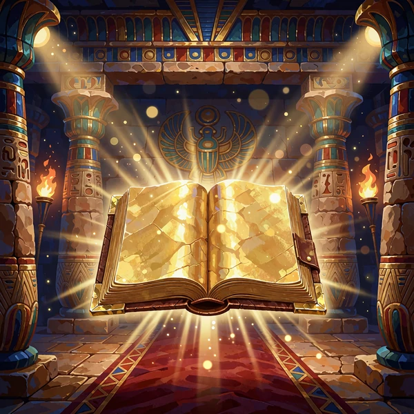 Gylden bog sv&aelig;ver i et egyptisk gravkammer - coverbillede til slotten Book of Dead hos Goldbet Casino
