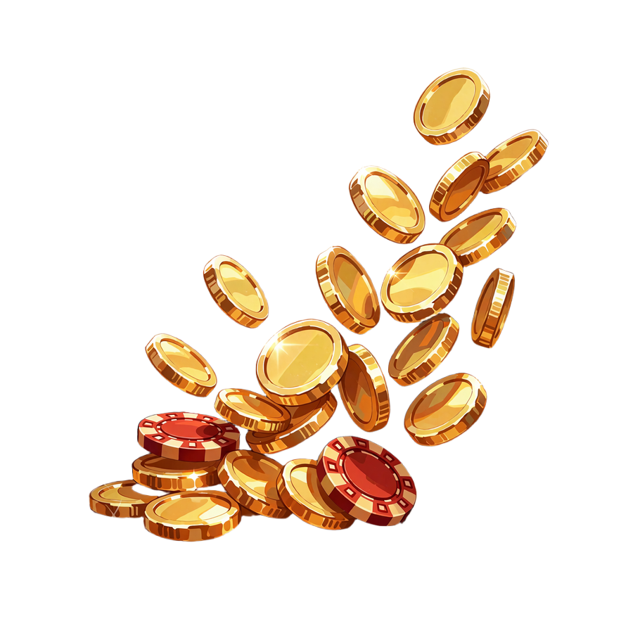 Kaskade af blanke guldm&oslash;nter og r&oslash;de casinochips som illustration af jackpotspil hos Goldbet